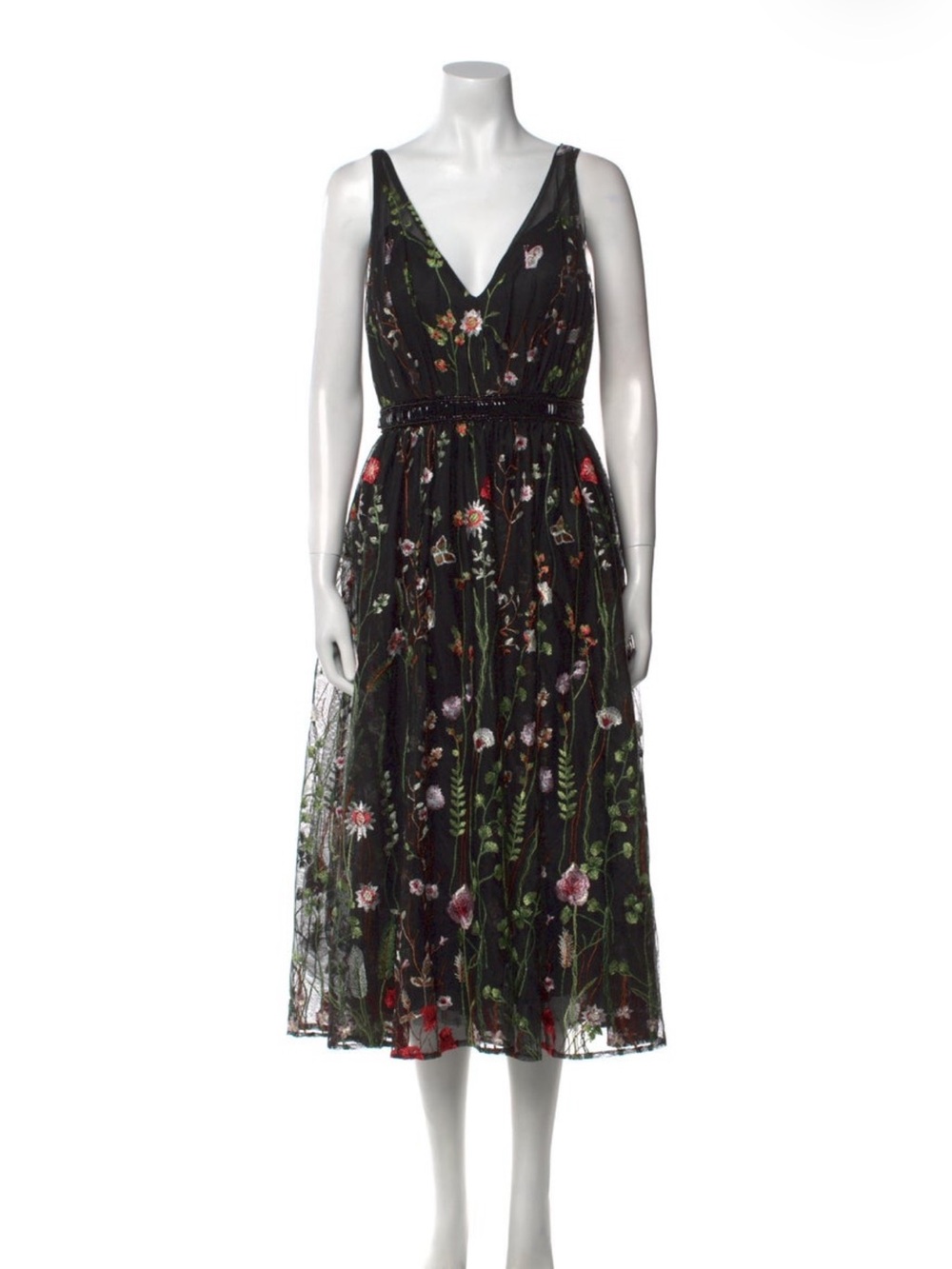 Ieena for Mac Duggal Black Floral Embroidered V-Neck Midi Dress -never worn